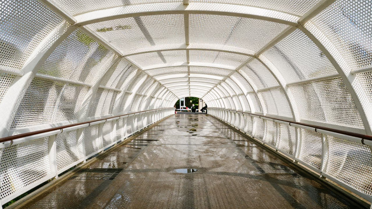 Pedestrian Overpass of Perforated Metal and Wet Footsteps in Bilbao Spain Midday in in Bilbao, Spain