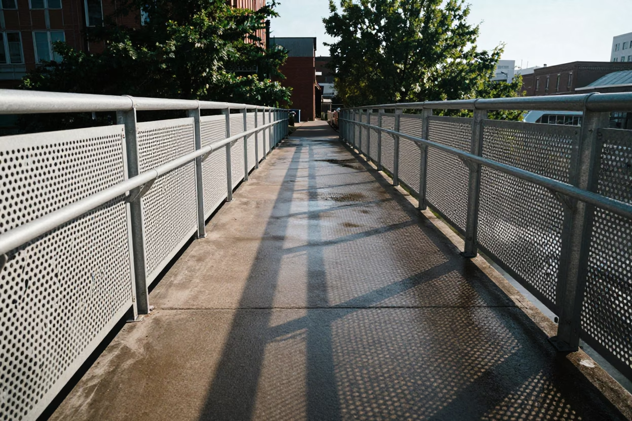 Pedestrian Overpass of Perforated Metal and Wet Footsteps in Early Morning Nashville Tennessee in in Nashville, Tennessee, United States