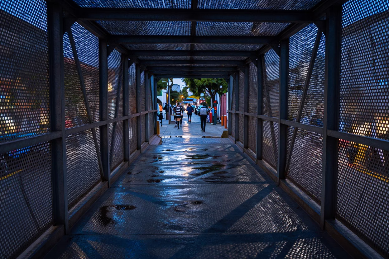 Pedestrian overpass of perforated metal and wet footsteps in Guadalajara evening blue light in in Guadalajara, Mexico