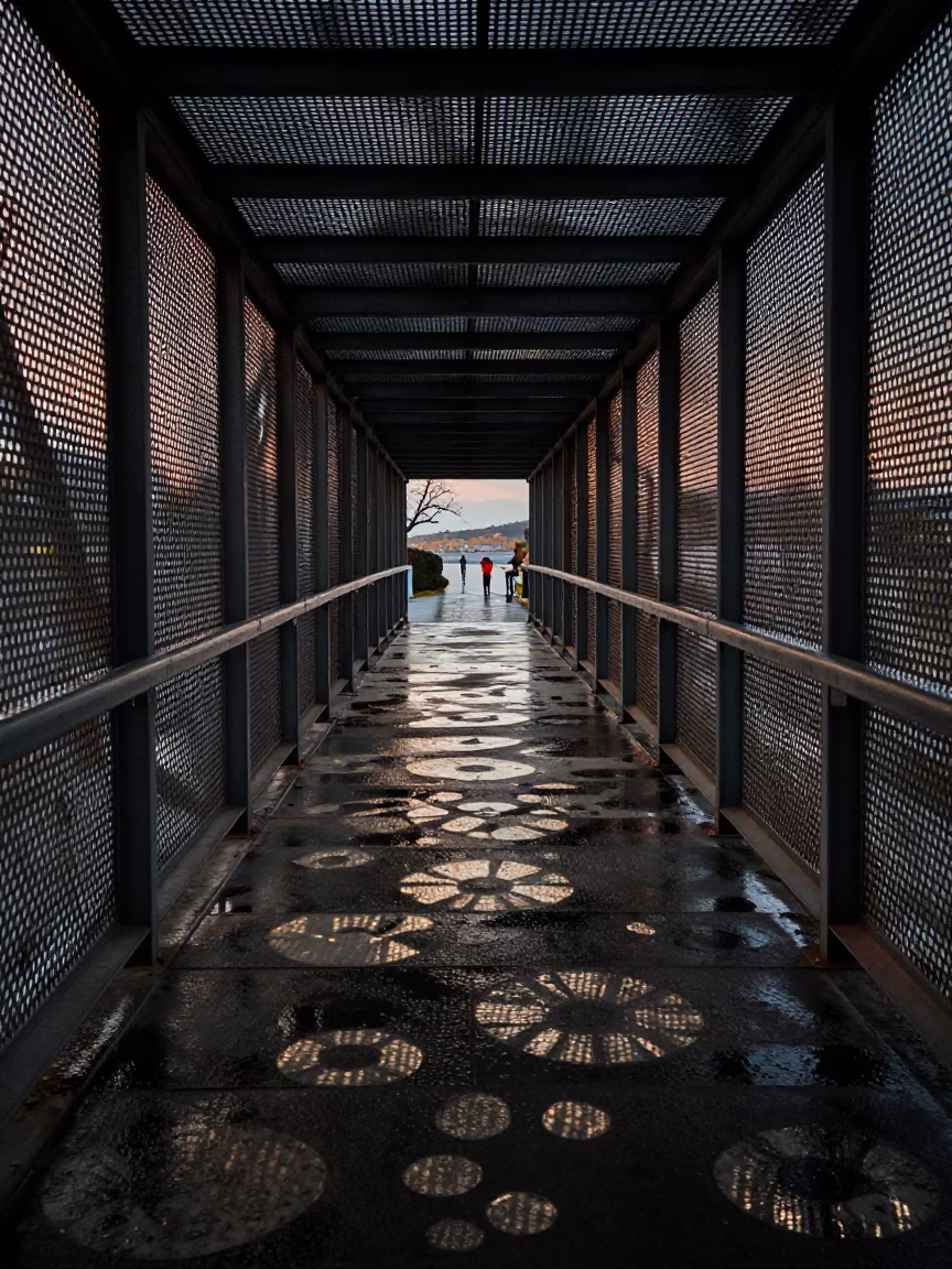 Pedestrian overpass of perforated metal and wet footsteps in Izmir Turkey before dawn in in Izmir, Turkey