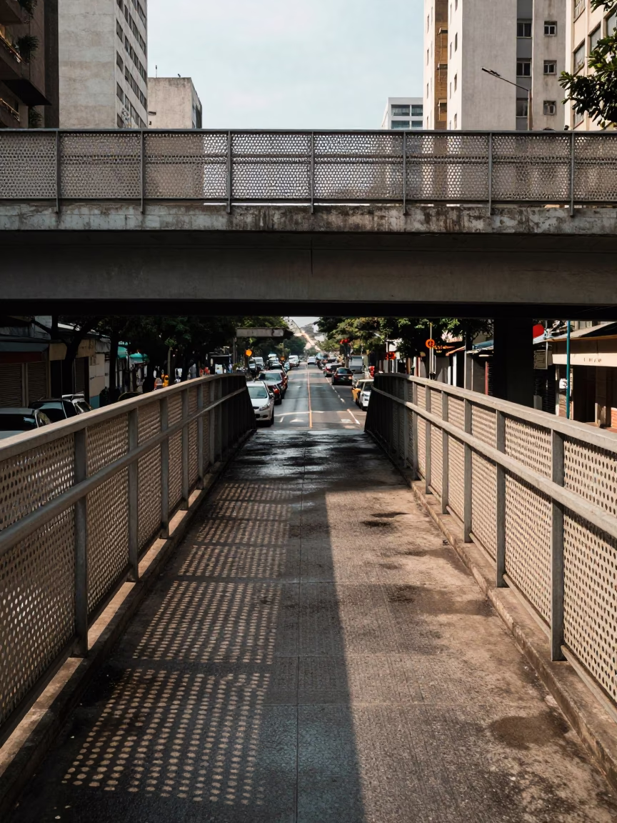 Pedestrian Overpass Perforated Metal and Wet Footsteps in Early Afternoon São Paulo Brazil in in São Paulo, Brazil