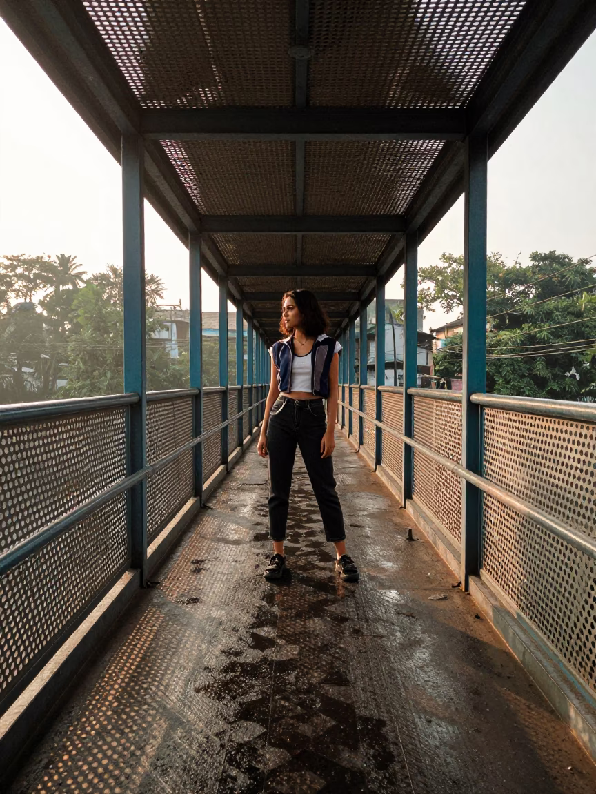 Pedestrian Overpass Perforated Metal and Wet Footsteps in Kolkata India After Sunrise in in Kolkata, India