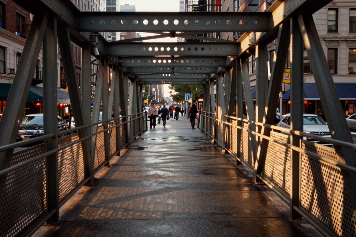 Pedestrian Overpass Perforated Metal and Wet Footsteps in New York Evening Light in in New York, New York, United States