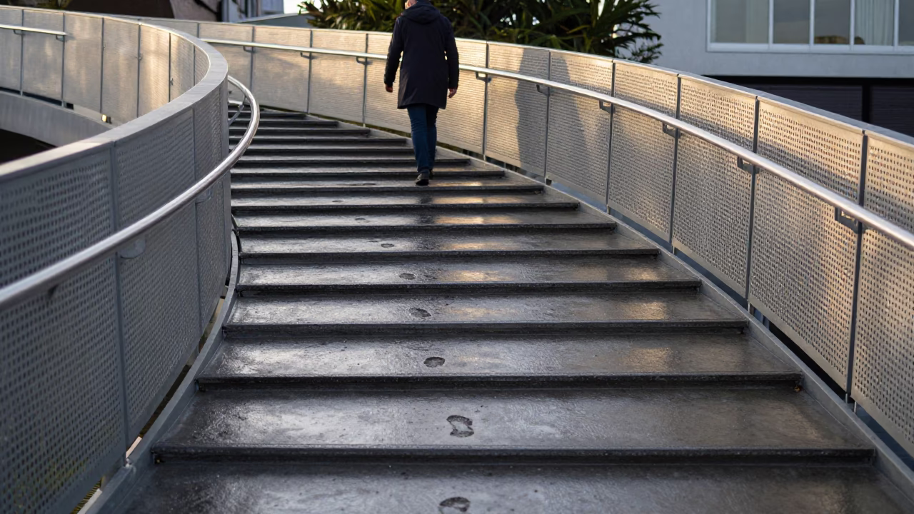 Pedestrian Overpass Perforated Metal Bridge with Wet Footsteps in Christchurch Early Evening in in Christchurch, New Zealand