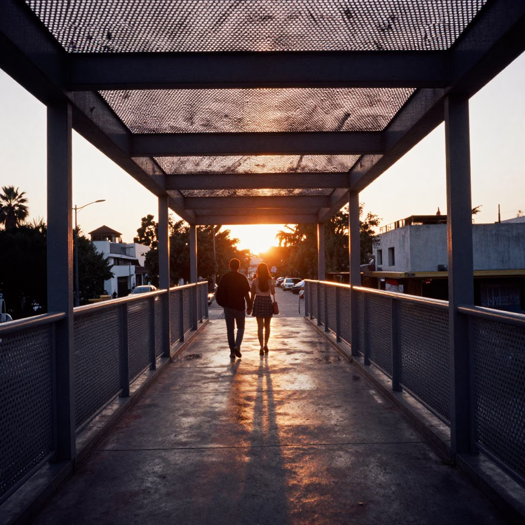 Pedestrian Overpass Perforated Metal Sunset Guadalajara Mexico Evening Commute in in Guadalajara, Mexico