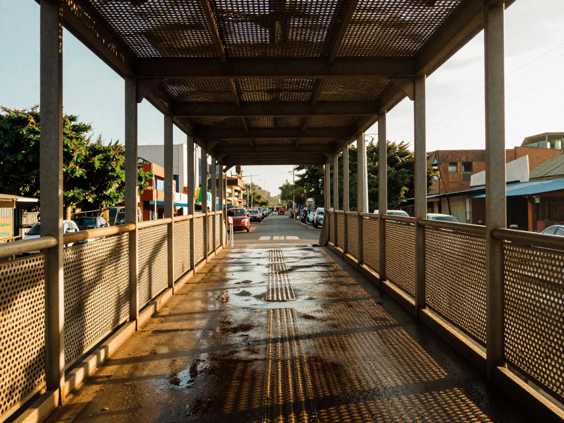 Pedestrian Overpass Perforated Metal Wet Footsteps Durban South Africa Late Afternoon Light in in Durban, South Africa