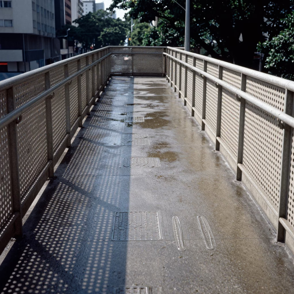 Pedestrian Overpass Perforated Metal Wet Footsteps Midday São Paulo Brazil Street Scene in in São Paulo, Brazil