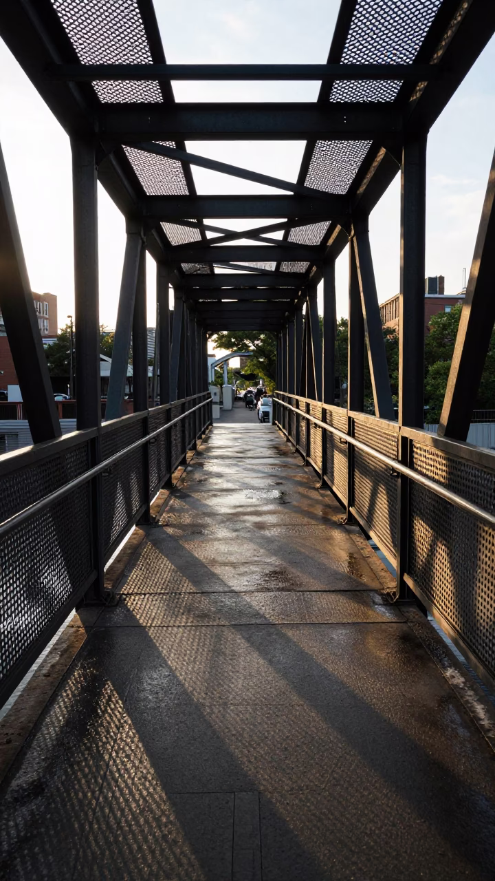 Pedestrian Overpass Perforated Metal Wet Footsteps Montreal Golden Hour in in Montreal, Quebec, Canada