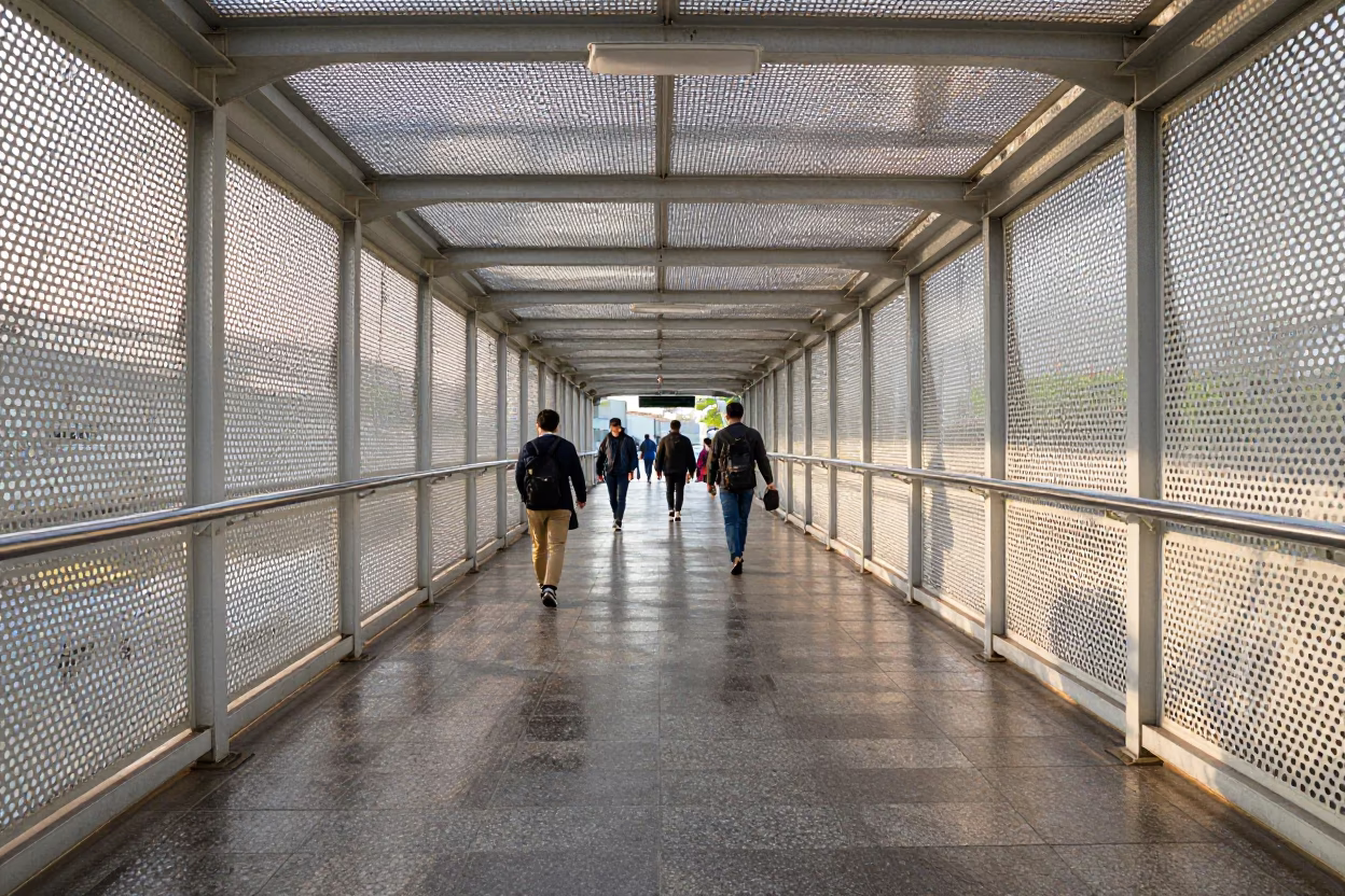 Pedestrian Overpass Perforated Metal Wet Footsteps Seoul Late Morning in in Seoul, South Korea