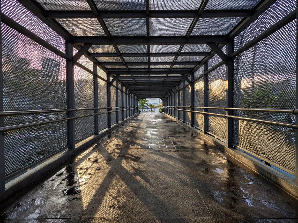 Pedestrian Overpass with Perforated Metal and Wet Footsteps After Sunrise in Kuala Lumpur Malaysia in in Kuala Lumpur, Malaysia