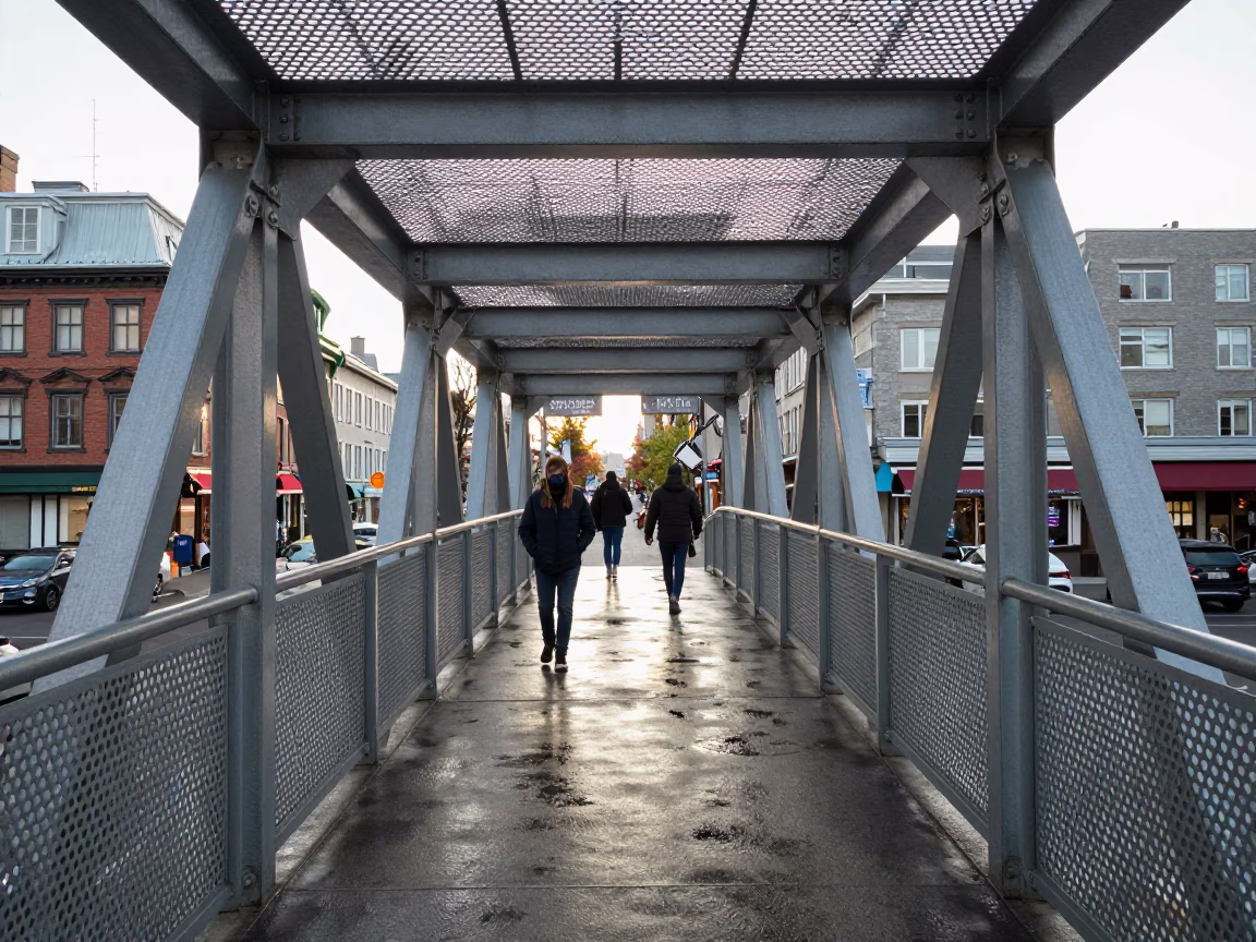 Pedestrian Overpass with Perforated Metal in Quebec City Early Afternoon Wet Footsteps in in Quebec City, Quebec, Canada