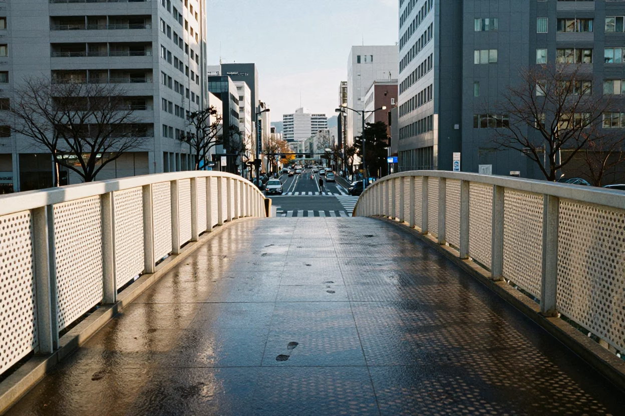 Pedestrian Overpass with Wet Footsteps and Sapporo Cityscape in Late Afternoon Light in in Sapporo, Japan