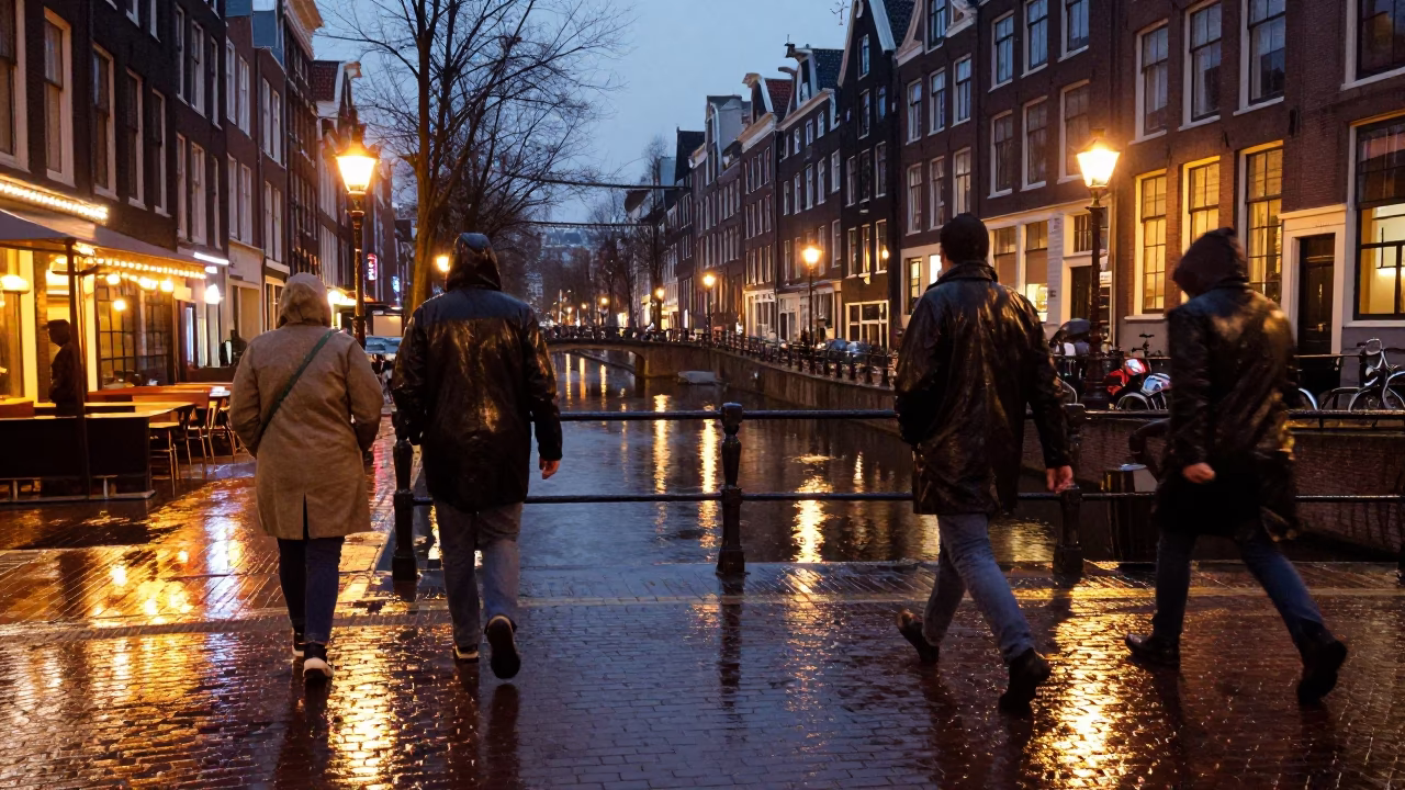 Pedestrians after dark in Amsterdam in in Amsterdam, Netherlands