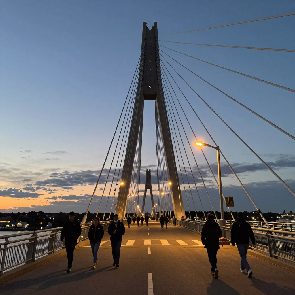 Pedestrians Crossing Harbour Bridge at Twilight in Halifax in in Halifax, Nova Scotia, Canada