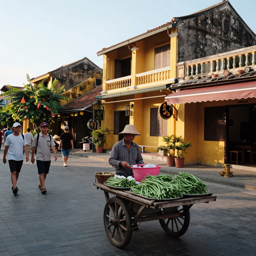 Pedestrians in Hoi An at The Early Afternoon Light in in Hoi An, Vietnam