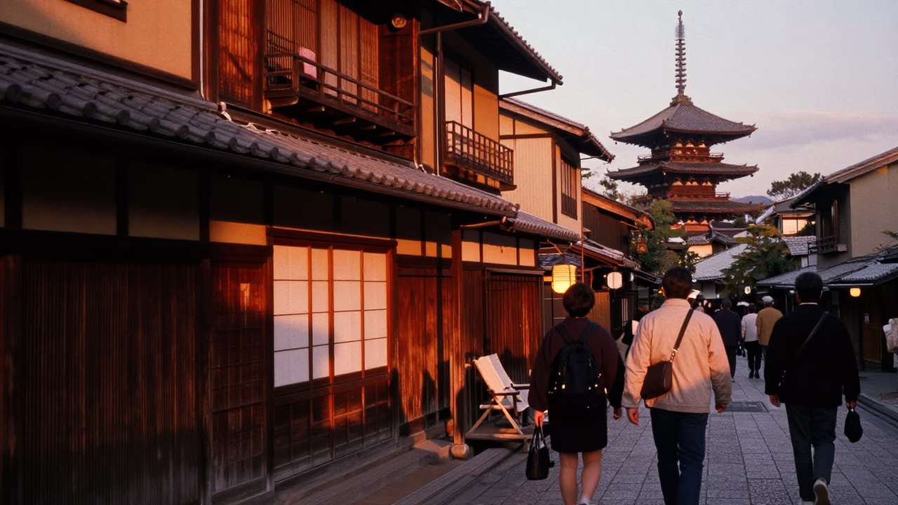 Pedestrians in Kyoto at Copper-toned Light Before Dusk in in Kyoto, Japan