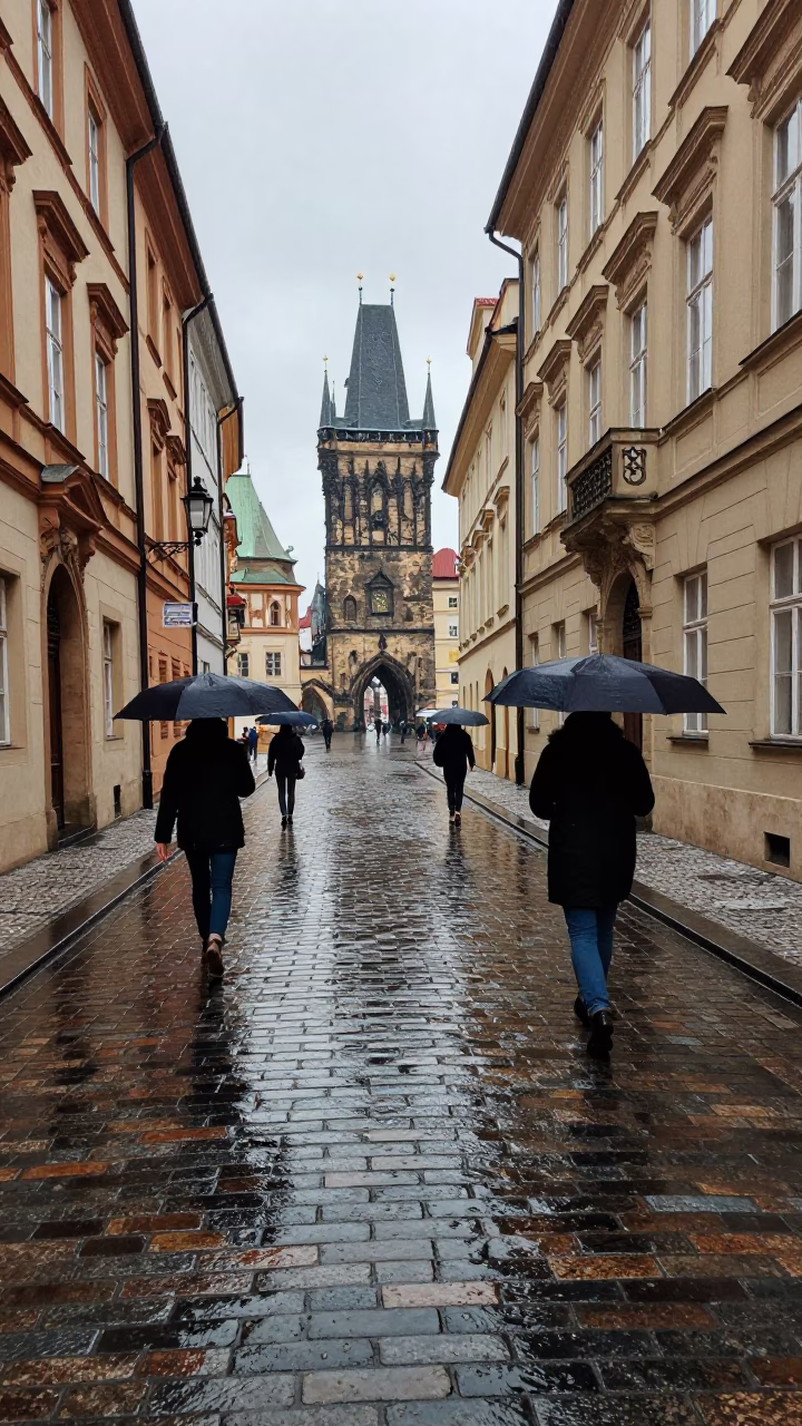 Pedestrians in Prague at First Light in in Prague, Czech Republic