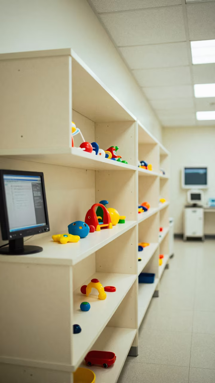 Pediatric Distraction Toy Shelf Nurse Station Victoria Falls in at a nurse station under monitor glow in Victoria Falls