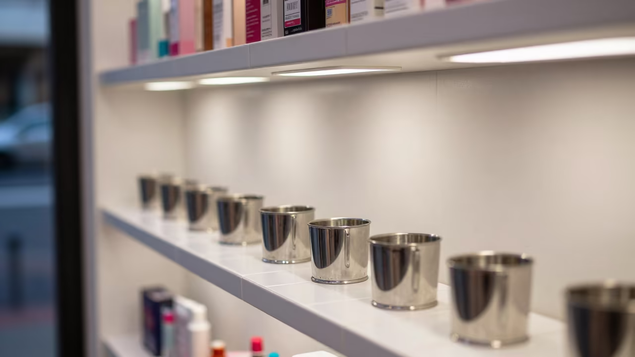 Pedicure drain screen cup in Recife beauty supply store in in a beauty supply area under white LEDs near Recife