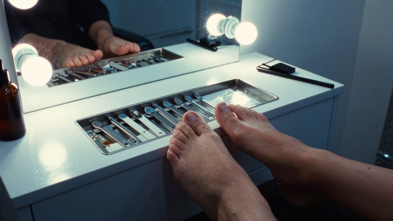 Pedicure Drawer Under Neon Vanity Light in at a barber station beneath mirror bulbs near Jyväskylä