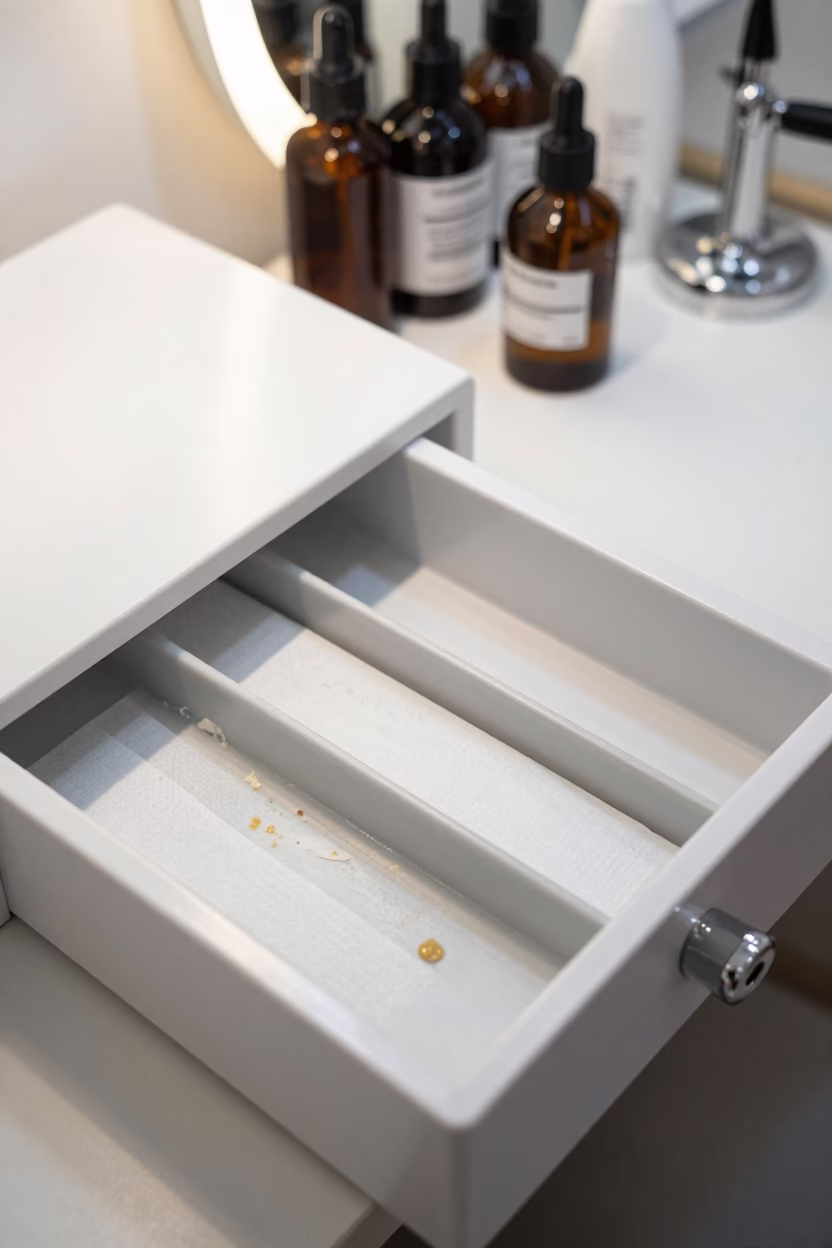 Pedicure Drawer Residue Under Salon Vanity Light in inside a nail studio near Tianjin