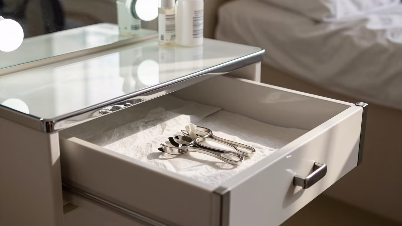 Pedicure Drawer Under Vanity Reflection in Pul-e Khomri in inside a skincare treatment room in Pul-e Khomri
