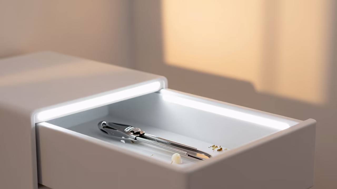 Pedicure Drawer Vanity Reflection Sunset Light in in a beauty supply area under white LEDs near Divo