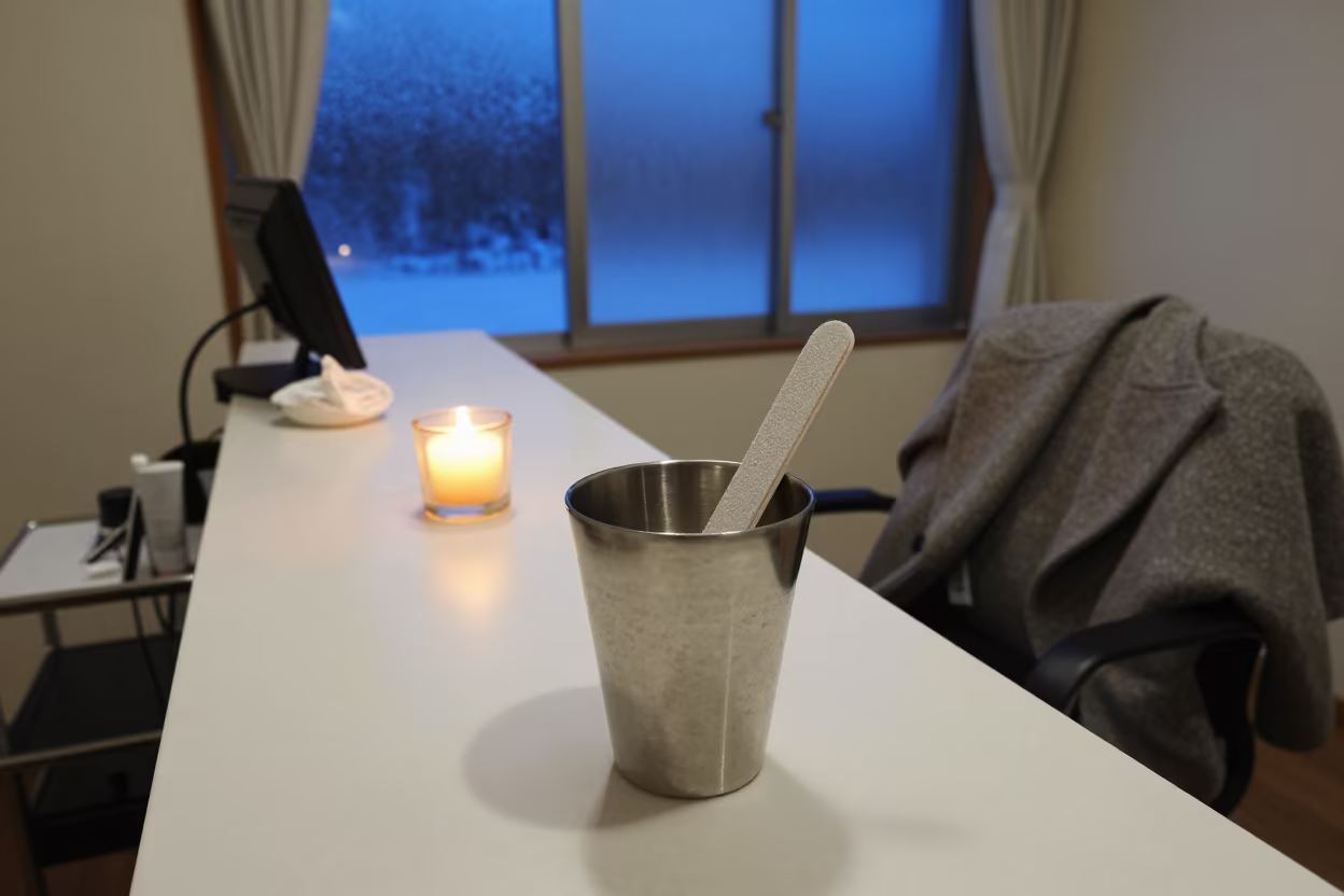 Pedicure File Cup on Salon Counter at Blue Hour in at a salon reception counter in Kagoshima