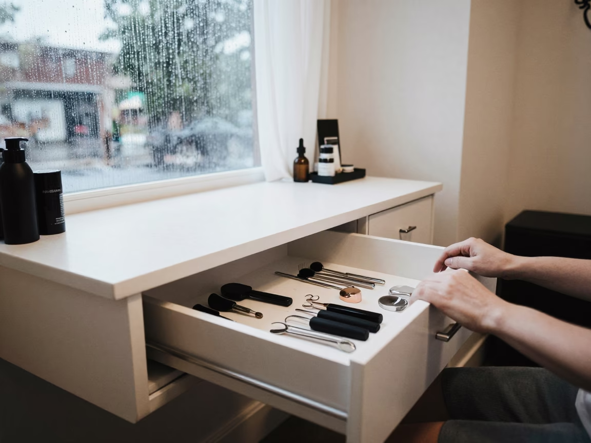 Pedicure Liner Drawer Open Under Morning Light in inside a salon row in Napa