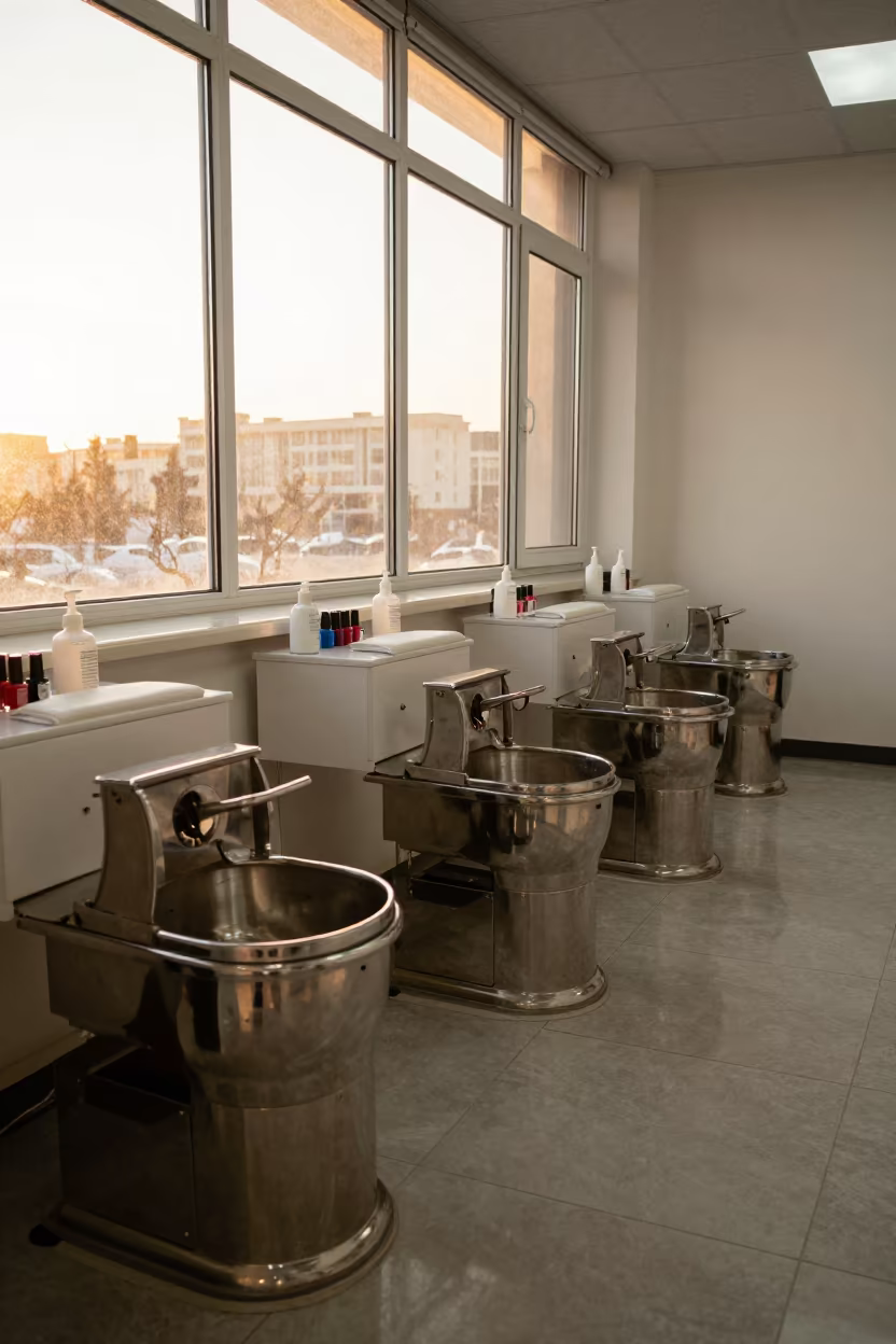 Pedicure Tub Line in Pyongyang Evening Light in inside a nail studio in Pyongyang