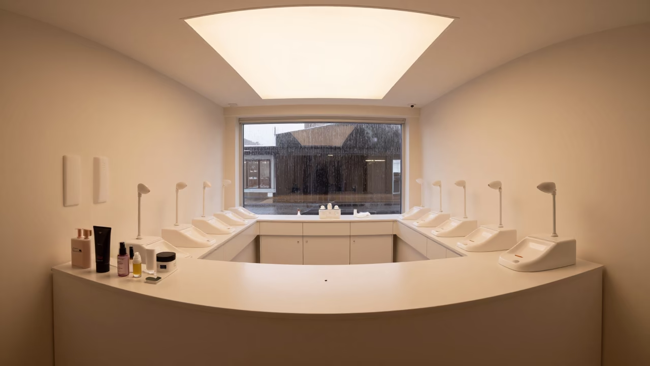Pedicure Tub Line Under Amber Salon Light in at a salon reception counter in Sydney