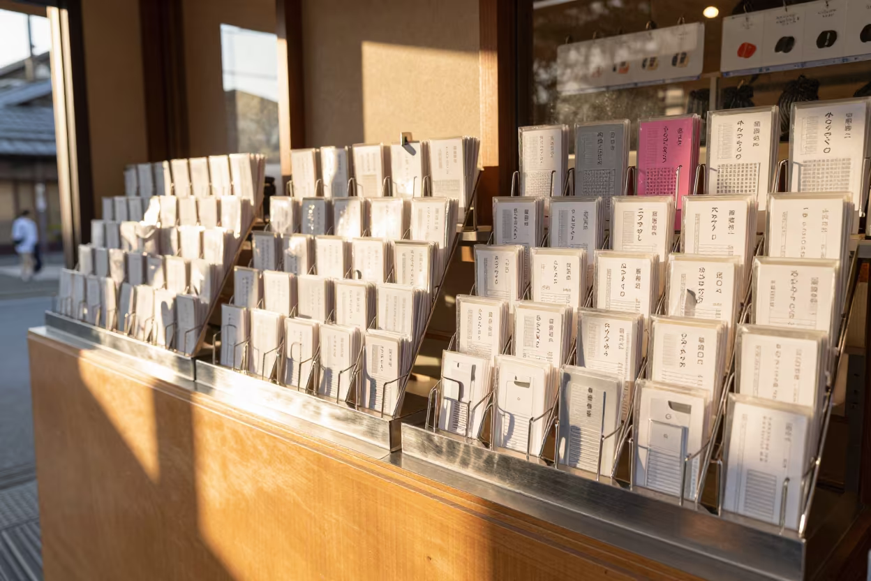 Peel Test Rack in Golden Kyoto Window Light in along a front-of-store display run in Pontocho, Kyoto