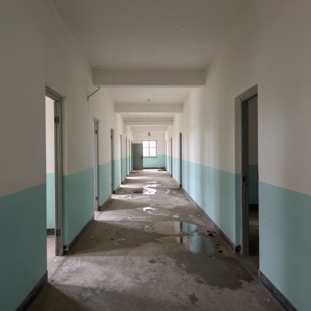 Peeled Paint Corridor Open Doors Xian Asylum in along a derelict corridor with peeled paint and pooled water near Xian