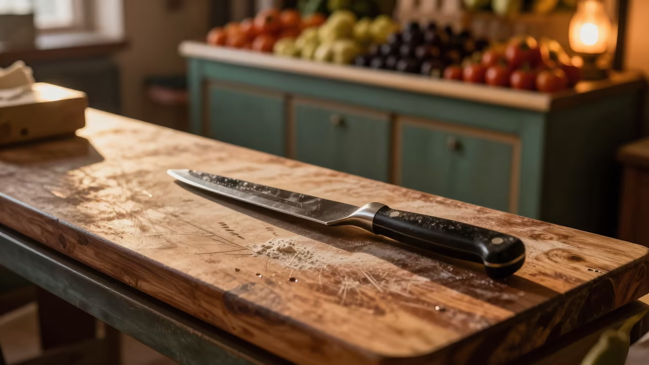 Peeler on Butcher Block in Amber Evening Light in on a painted produce display table near Diyarbakir