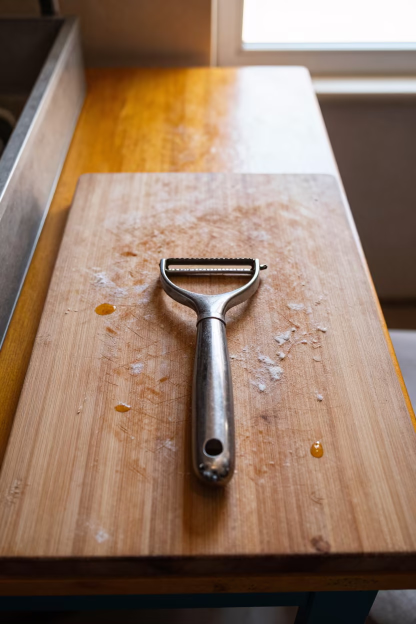 Peeler on Butcher Block with Flour Dust in on a painted produce display table in Mosul