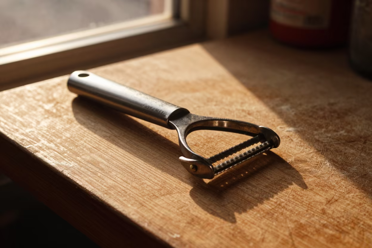 Peeler on Wooden Counter in Forli Market in on a wooden shelf inside a covered market in Forlì