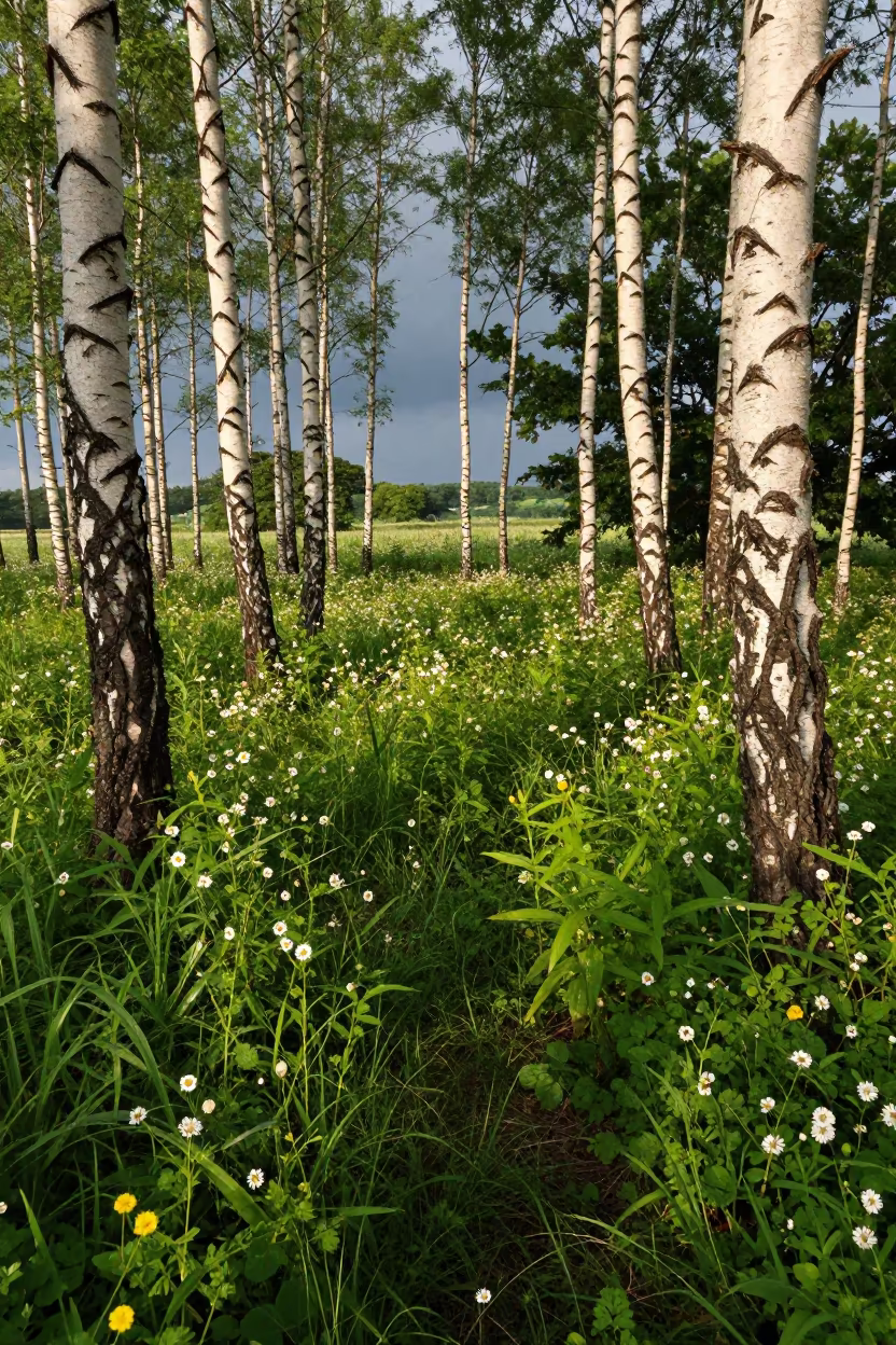 Peeling Birch Bark in Summer Meadow Near Yokohama in in a bloom-heavy meadow near Yokohama