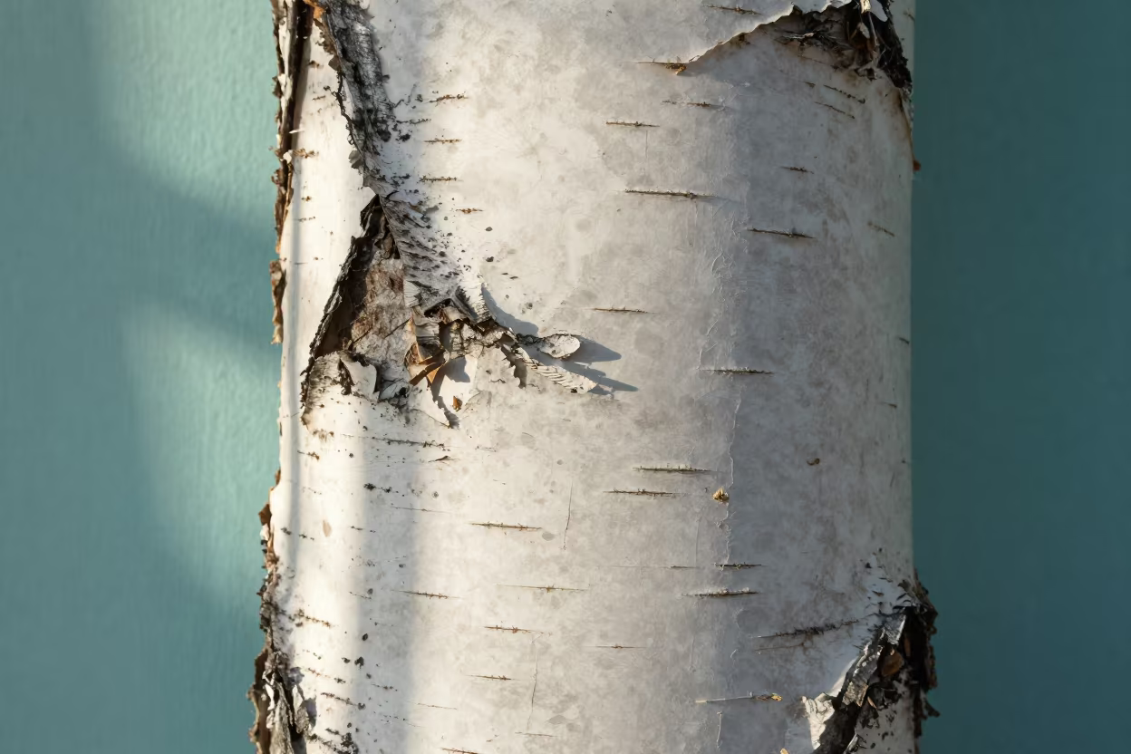 Peeling Birch Bark Against Turquoise Wall in against weathered turquoise paint in Riyadh