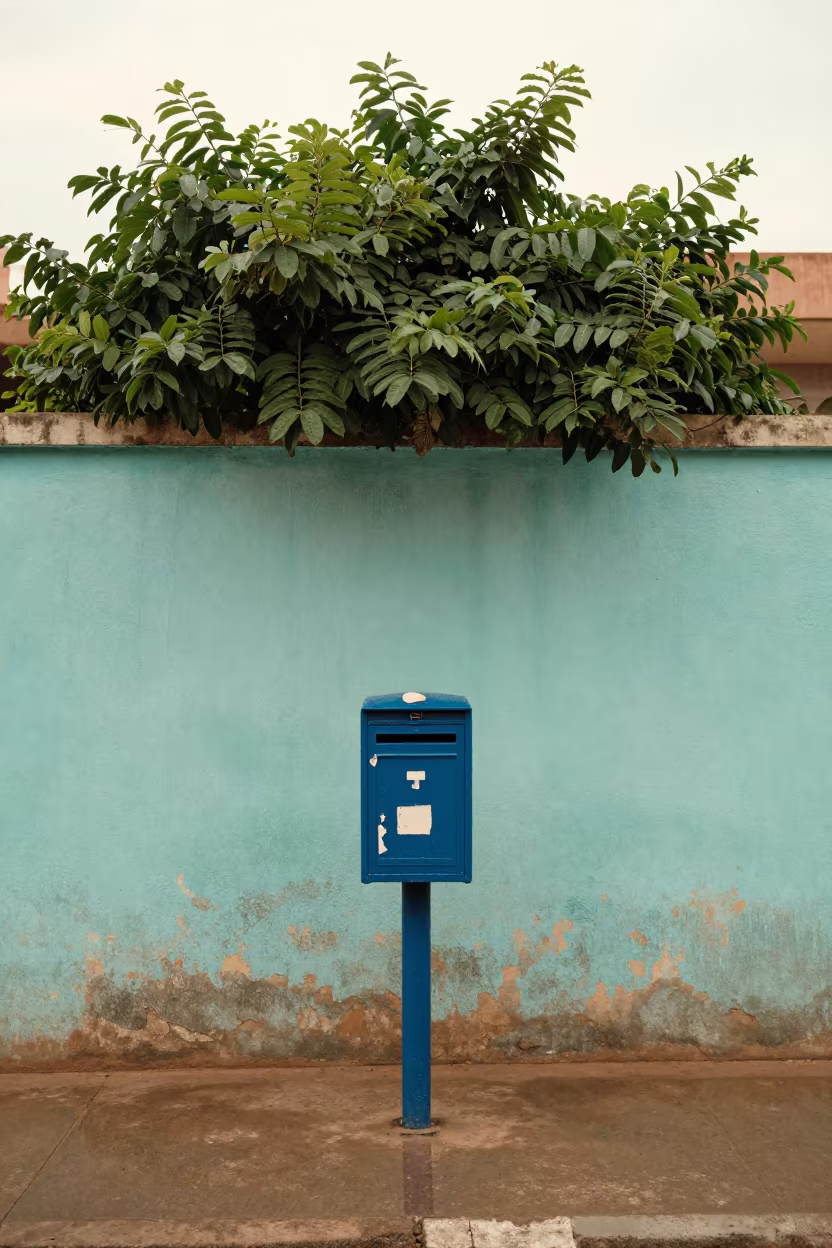 Peeling Blue Mailbox With Horizontal Tree in against weathered turquoise paint in Bamako