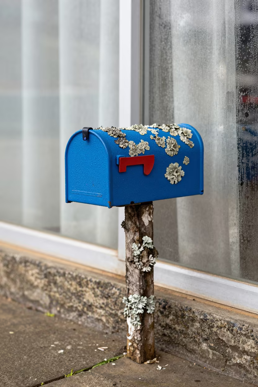 Peeling Blue Mailbox on Lichen Bark in Rain in on lichen-covered bark in Port Harcourt