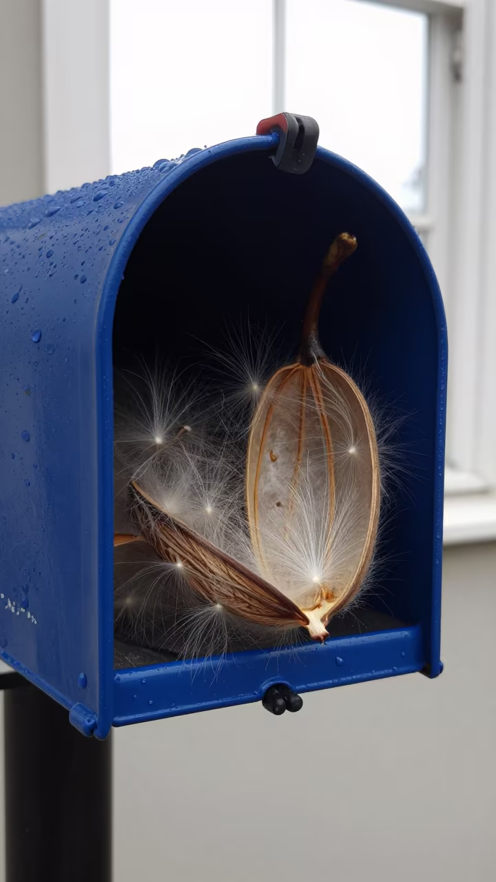 Peeling Blue Mailbox in Rain Inside Seed Pod in inside a seed pod split open near Ouagadougou
