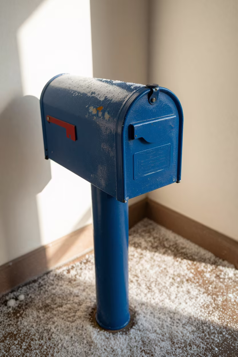 Peeling Blue Mailbox on Salt Crystals in on salt crystals along a pan rim near San Francisco
