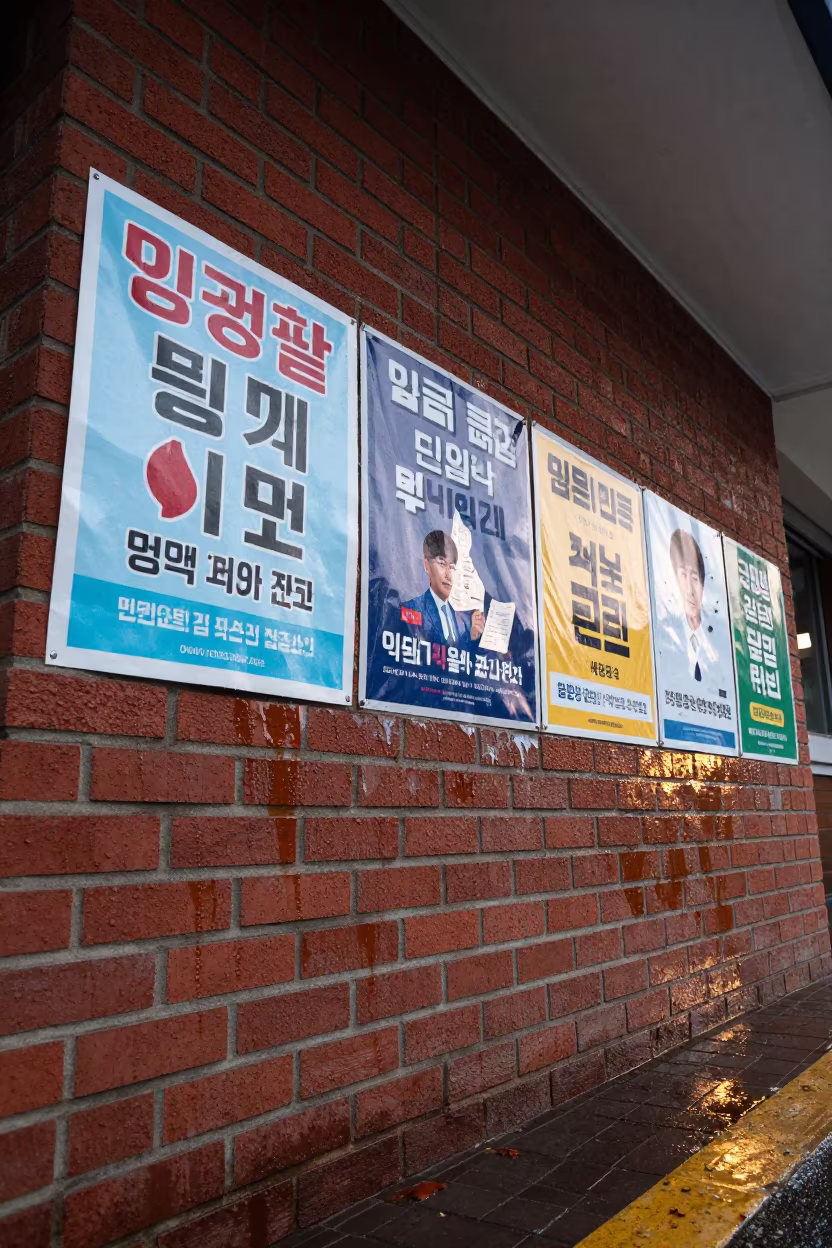 Peeling Election Posters on Brick Wall in inside a campaign office in Daegu