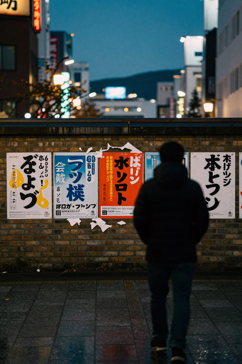 Peeling Election Posters Kyoto Winter Silhouette in in a public square in Kyoto