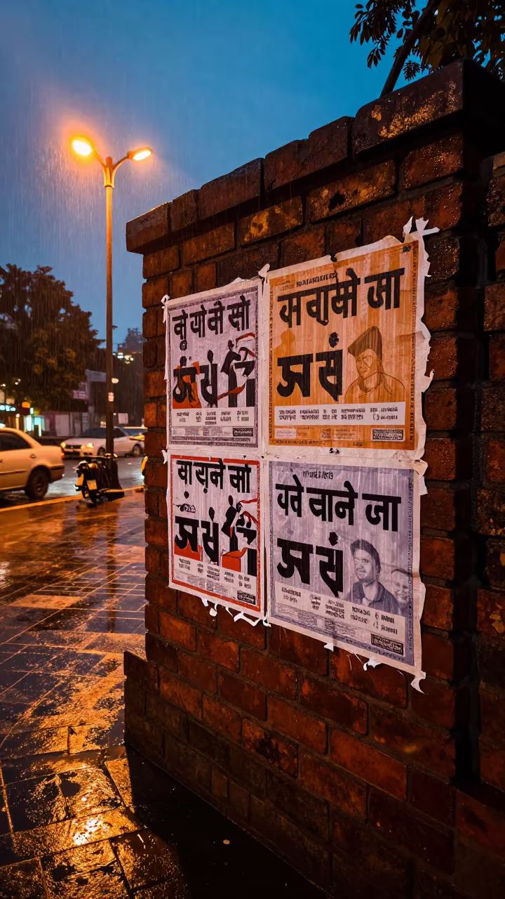 Peeling Election Posters on Rajkot Brick Wall in in a public square in Rajkot