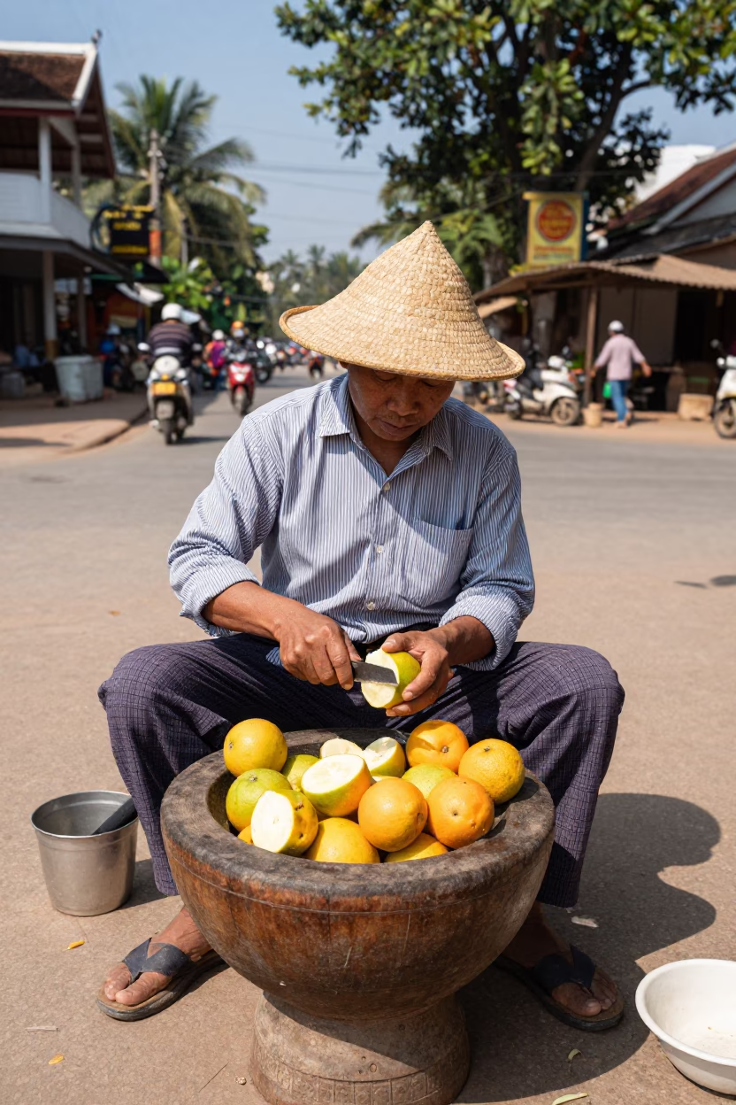 Peeling Fruit in Luang Prabang in in Luang Prabang, Laos