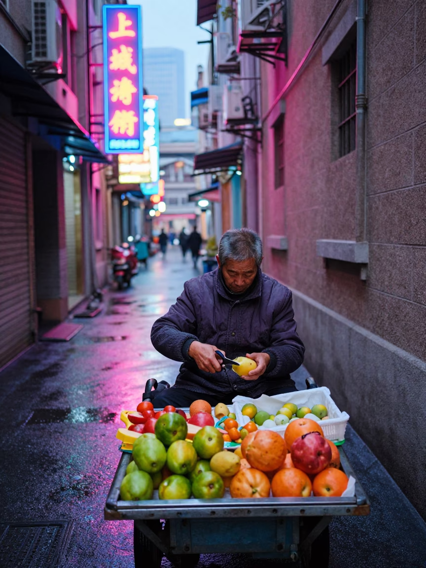 Peeling Fruit in Shanghai in in Shanghai, China