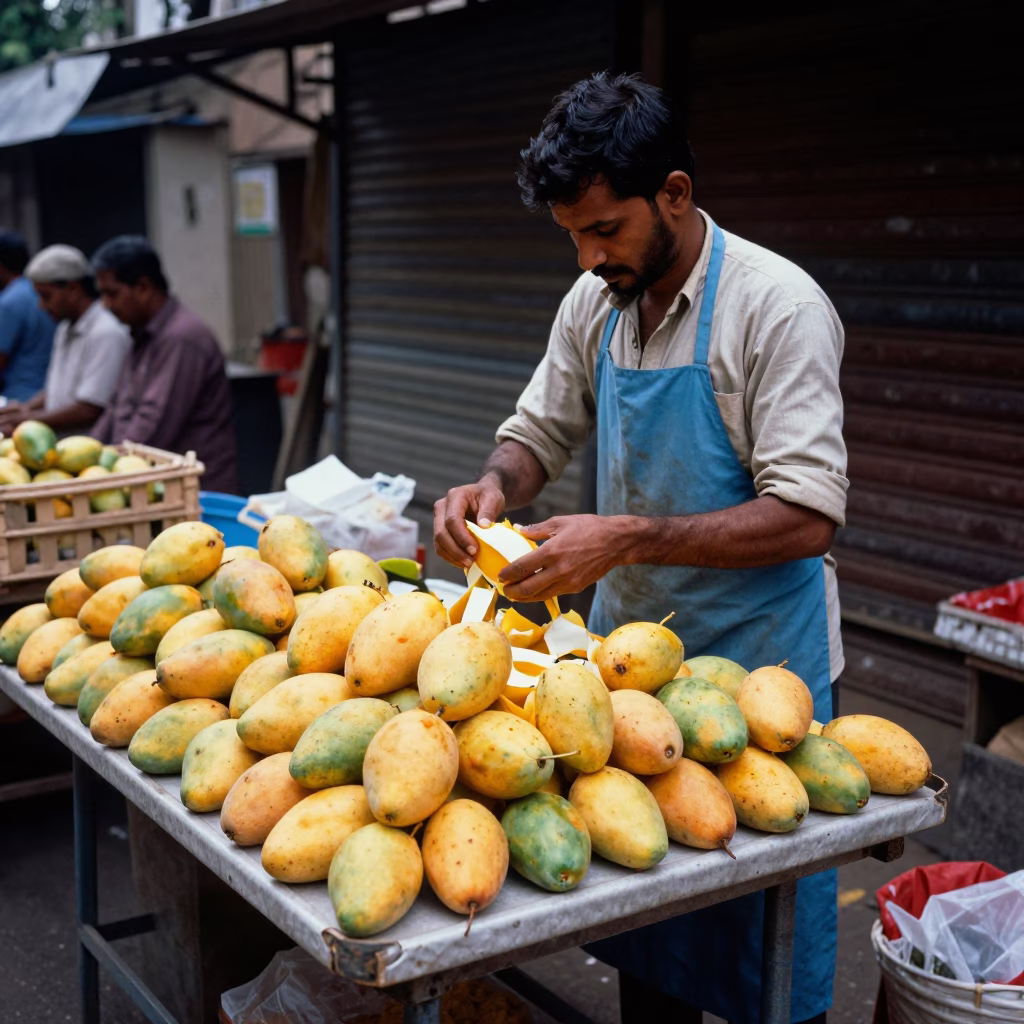 Peeling Mangoes in Mumbai in in Mumbai, India