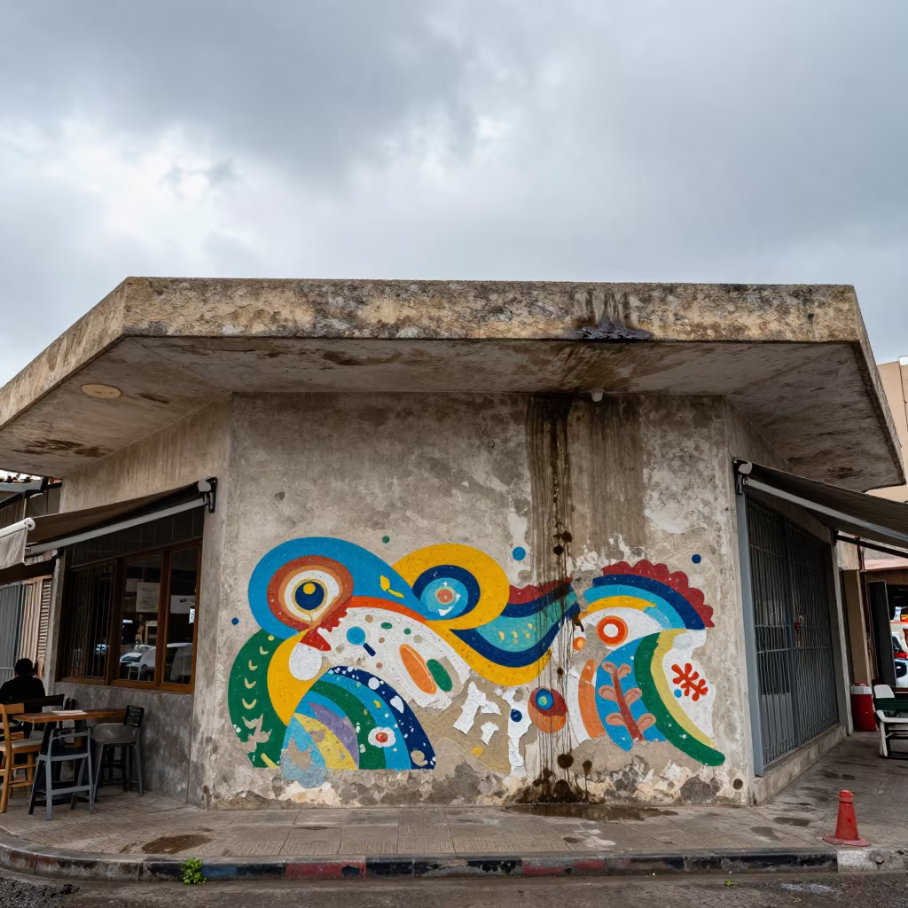 Peeling Monsoon Murals Under Shorouk Overpass in outside a corner cafe in Shorouk