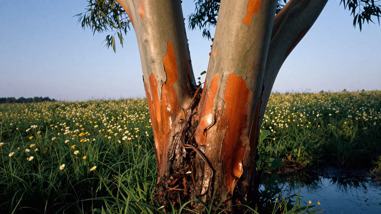 Peeling Multicolored Eucalyptus Bark in Slovenian Meadow in in a bloom-heavy meadow in Slovenia